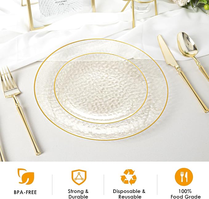 Lullaby 100PCS Clear Plastic Plates with Gold Rim, Includes 50pcs Dinner Plate 10??and 50pcs Dessert Plate 7?? Disposable Heavyduty Plates for Birthdays, Parties and Wedding