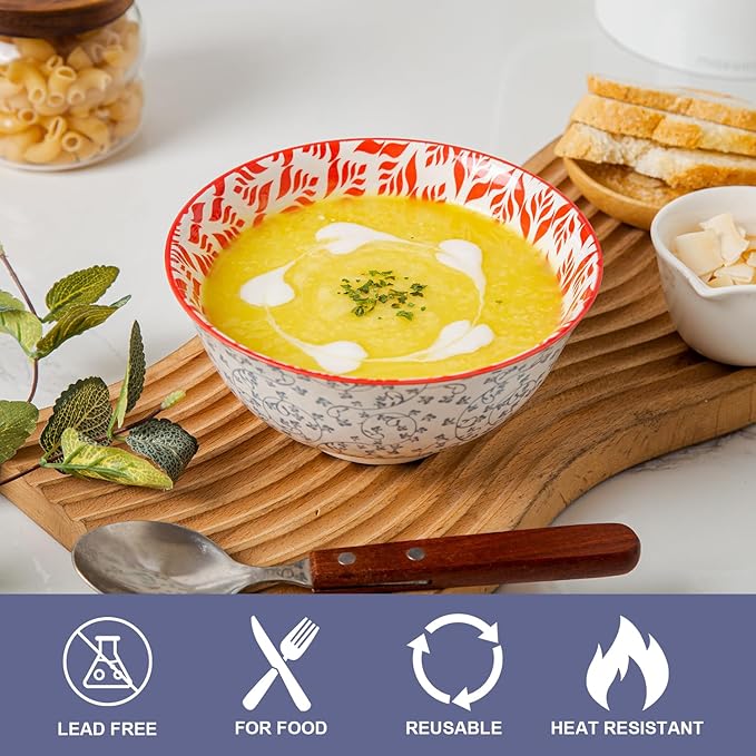 Cerkik Ceramic Soup Bowls Set - 24 Oz Deep Cereal Bowl - 6 Inch Large Kitchen Dinner Bowl Eating Pasta Salad Dessert Noodle Rice Oatmeal - Microwave Dishwasher Safe - Set of 6 - Assorted Colors