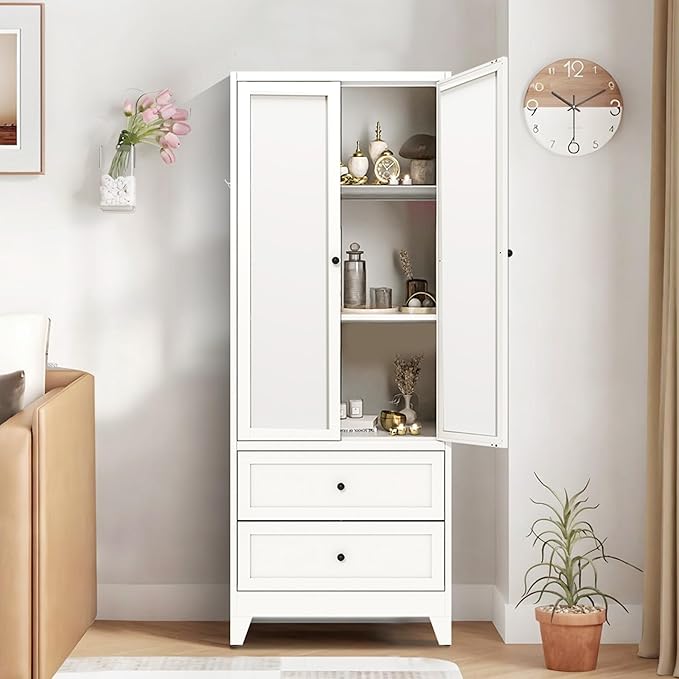 Kitchen Pantry Storage Cabinets with Drawers, 72" Tall Kitchen Cupboard Metal Pantry Cabinet with Adjustable Shelves, for Home Office Living Dining Room, Assembly Required(White)