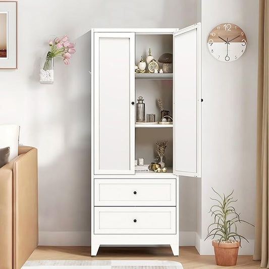 Kitchen Pantry Storage Cabinets with Drawers, 72" Tall Kitchen Cupboard Metal Pantry Cabinet with Adjustable Shelves, for Home Office Living Dining Room, Assembly Required(White)