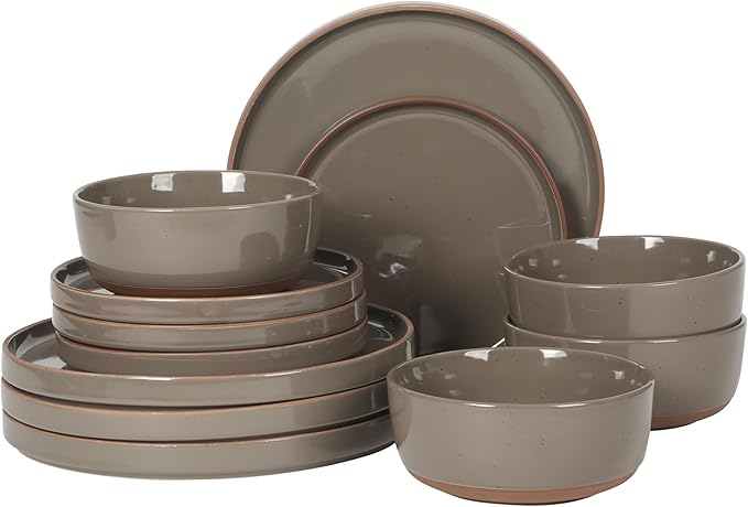 Gibson Elite Northrock Stoneware Dinnerware Set, 12-Piece Service for 4 Plates and Bowls Set ??Gray Dishes with Hand-Painted Terracotta Base