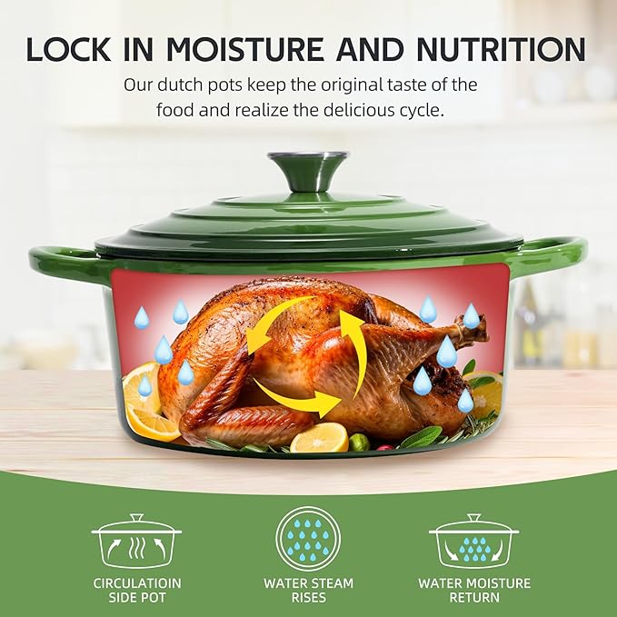 6 Quart Dutch Oven Enameled Cast Iron with Lid - Big Dual Handles - Oven Safe up to 500째F - Classic Round Pot for Versatile Cooking (Green, 6 QT)