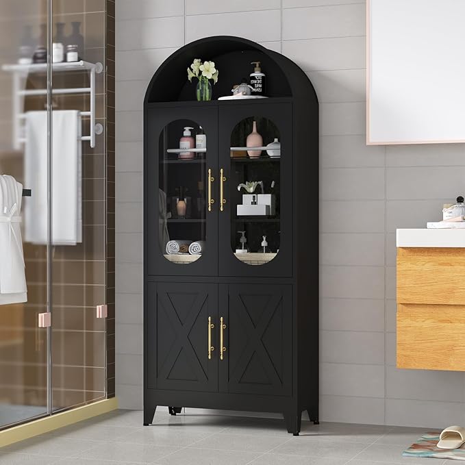 73" H Metal Tall Arched Kitchen Pantry Cabinet, Modern Farmhouse China Storage Cabinets with Glass Door and Adjustable Shelves, Versatile Cupboard for Kitchen, Dining Room, Bathroom (Black)