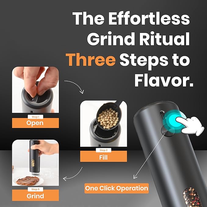 Electric Salt & Pepper Grinder Set 110mL Capacity ??Automatic Battery Operated Shakers, 5-Level Adjustable Coarseness, 1 Touch Operation, Type C Charging