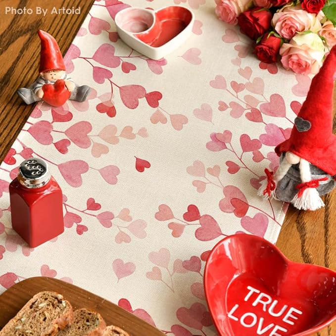 Artoid Mode Pink Love Valentine's Table Runner, Anniversary Wedding Kitchen Dining Table Decoration for Home Party Decor 13x72 Inch
