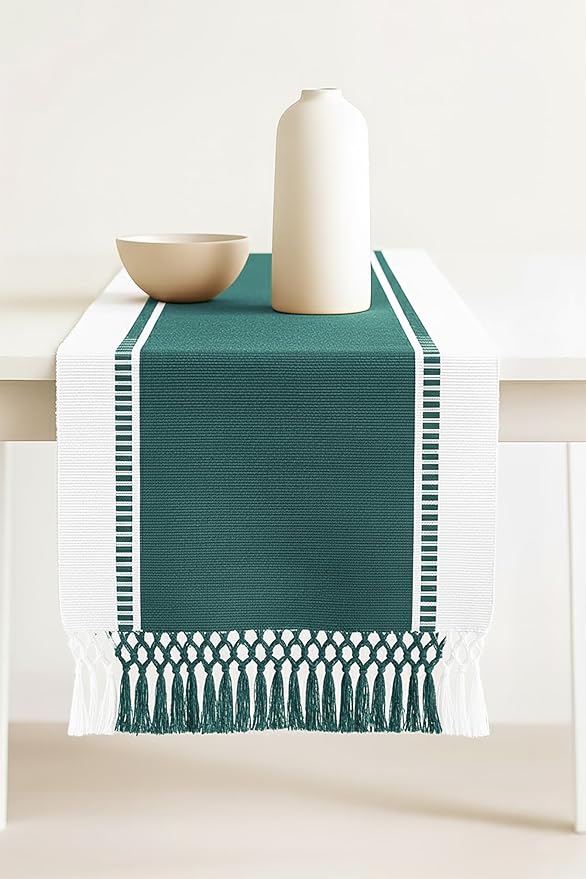 PurpleEssences Table Runner - Wide with Dobby Stripe, Heavy Ribbed Weave & Double Knot Fringes, 14x72 Inch (14x77.5 with Fringes) Farmhouse Decor - Christmas Holiday Winter -Forest Green and White