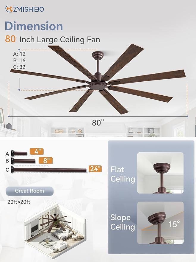 ZMISHIBO 80 Inch Ceiling Fan No Light with Remote Control, 8 Blades Quiet DC Reversible Motor, 6-Speed, Timer, Oil Rubbed Bronze Finish, Indoor Outdoor Ceiling Fans for Patios, Living Room, Garage