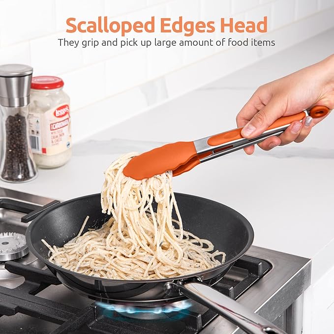 600쨘F Heat Resistant Kitchen Tongs: U-Taste 9 inch Silicone Cooking Tong with Firm Sealed Non Stick Rubber Tips & Silicon Coated 18/8 Stainless Steel Handle & Smooth Locking for Serving Grill (Orange)