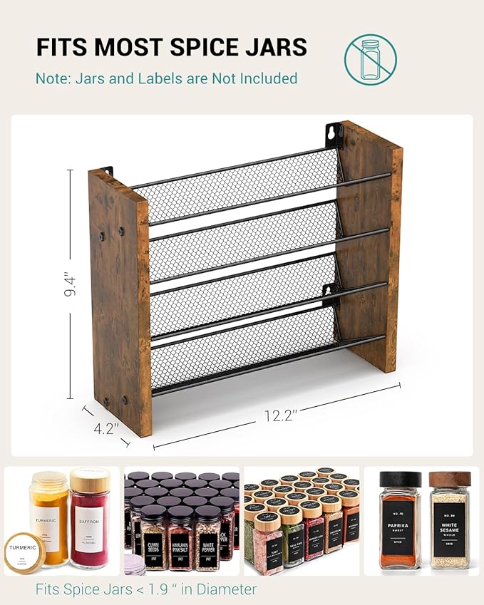 NESAPTO Spice Rack Organizer for Cabinet, Wooden 4 Tier Vertical Seasoning Organizers for Kitchen Pantry, Countertop/Wall Mount, Holds 24 Spice Jars (No Jars Included),12.2" W 횞 9.4" H
