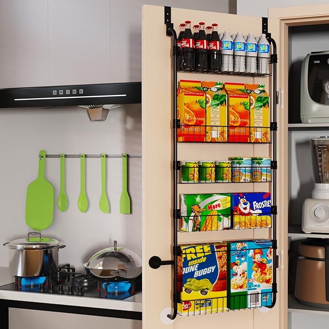 Black Over the Door Pantry Organizer 8 Tier, Adjustable Basket Pantry Door Organizer and Storage, Heavy Duty Metal Kitchen Hanging Spice Rack (D5xW19xH50 Inches)