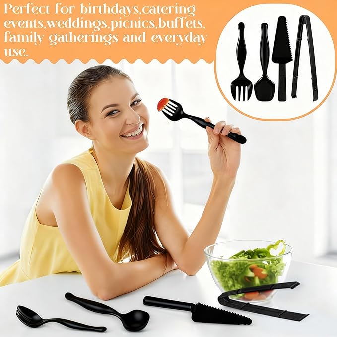30 Pcs Disposable Plastic Serving Utensils Set Include 8.5'' Serving Spoons Forks 9'' Tongs and Knives for Birthday Party Buffet Dinner Food Salad Utensils Christmas (Black)