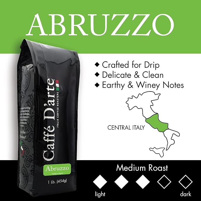 Caff챕 D'arte Abruzzo Ground Coffee ??Medium Roast, Earthy & Winey Flavor ??Fresh Roasted in Seattle, Crafted for Drip Coffee Makers ??1 lb Bag, Pack of 2