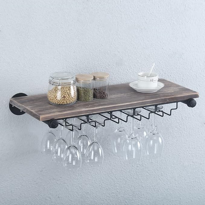 Industrial Wine Rack Wall Mounted with 5 Glass Holder,Wine Glass Rack Floating Wine Glass Shelf,24in Pipe Shelving Hanging Wood Shelves