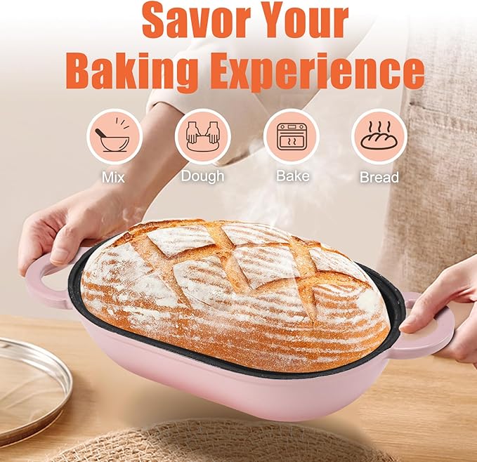 Enameled Cast Iron Sourdough Bread Oven, 5QT Loaf Cast Iron Bread Pan with Lid, Oval Dutch Oven for Homemade Bread Baking (Gradient Pink)