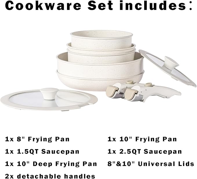 Non Stick Pot and Pan Set with Removable Handle, Ceramic Cookware Set Detachable Handle, Induction Kitchen Camping Stackable Pots Pans, Dishwasher/Oven Safe, Grey