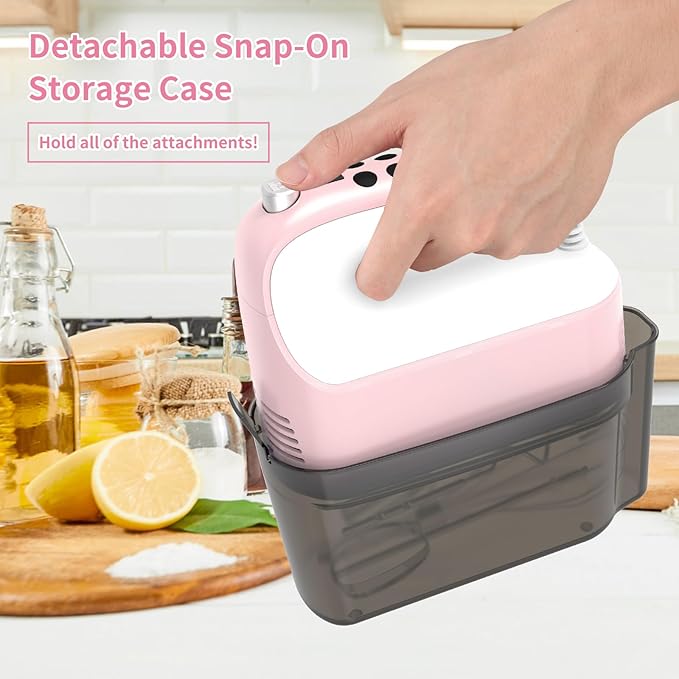 9-Speed Digital Hand Mixer Electric, 400W Powerful DC Motor, Baking Handheld with Snap-On Storage Case, 5 Stainless Steel Accessories, Flat Beaters, Dough Hooks, Whisk(Pink/White)