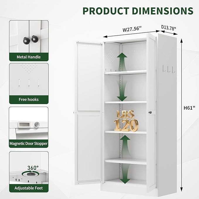 Kitchen Pantry Cabinet,White Metal Pantry Cabinet with 2 Doors & 4 Adjustable Shelves,61" Farmhouse Utility Storage Cabinet Rust-Resistant for Living Room,Dining Room,Bathroom,Garage,Basement