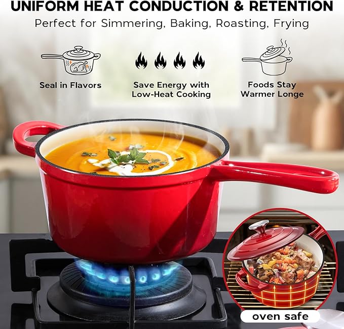 Onader 2QT Saucepan with Lid, Enameled Cast Iron Sauce Pan Pot, Small Dutch Oven Cooking Kitchen Pot, Nonstick & Heavy Duty ??Red