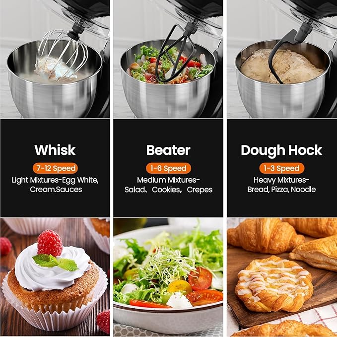 Kismile 5.5QT Tilt-Head Stand Mixer, 12-Speed Electric Kitchen Mixer with 304 Stainless Steel Bowl - Includes Dough Hook, Whisk, Beater for Baking Bread, Cakes, Cookies（Black）