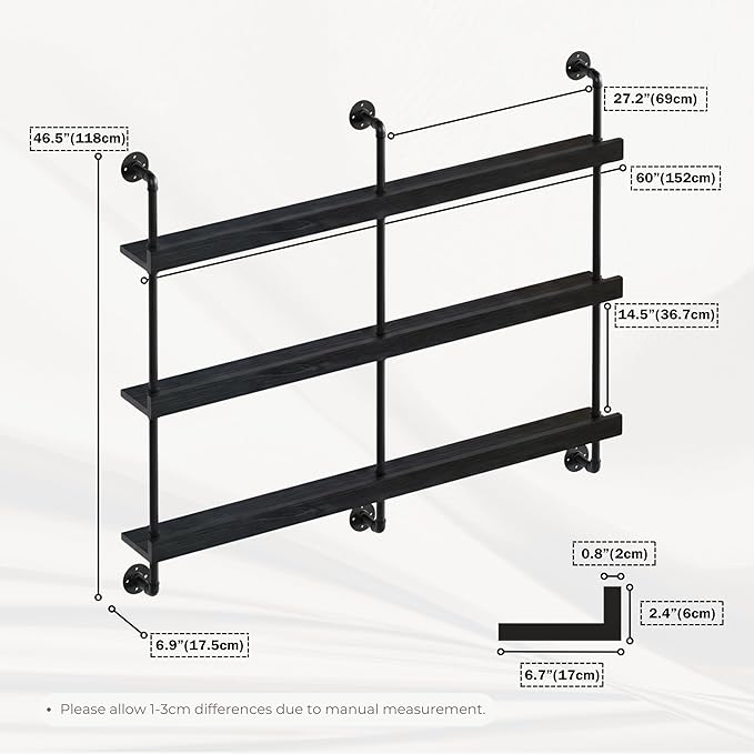 Wall Mounted Wine Rack with LED Light, LED Industrial Pipe Liquor Bar Shelves, 3-Tier Rustic Hanging Organizer for Wine Bottle Storage in Kitchen, Bar, Pub, Cellar(Black, 60 Inch)