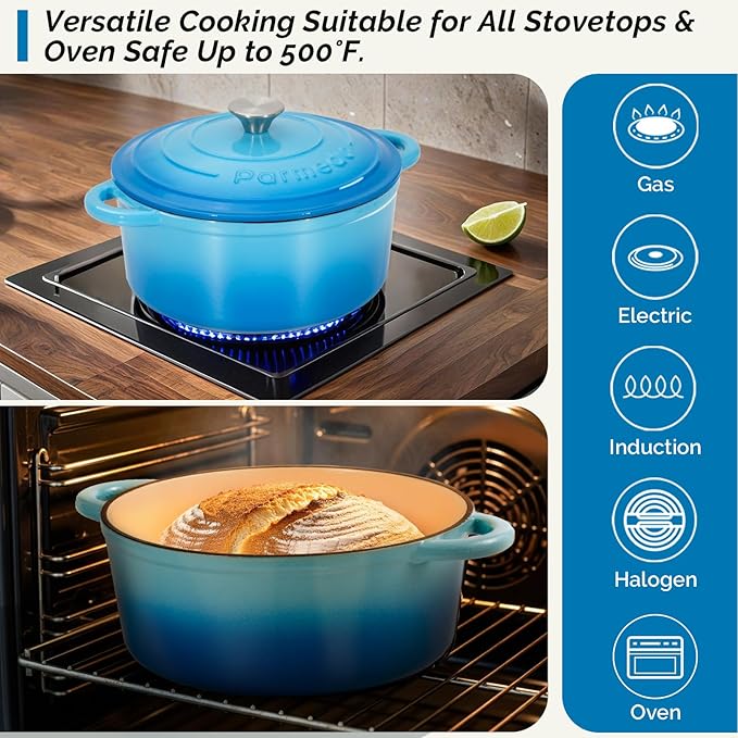 Parmedu 5.5 Quart Enameled Cast Iron Dutch Oven Pot with Lid, Heavy-Duty, Oven Safe up to 500째 F & Across All Cooktops, Perfect for Bread Baking, Stews, Braising & Roasting, Ocean Blue