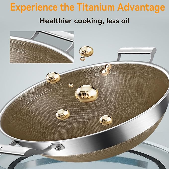 Titanium Hammered Wok with Double Handles, 2026 New Frying Pans Nonstick, Non-Stick Wok, Scratch-Resistant Non Stick Titanium Pans, Even Heating for Cooking with All Cooktops,With lid,14.17in