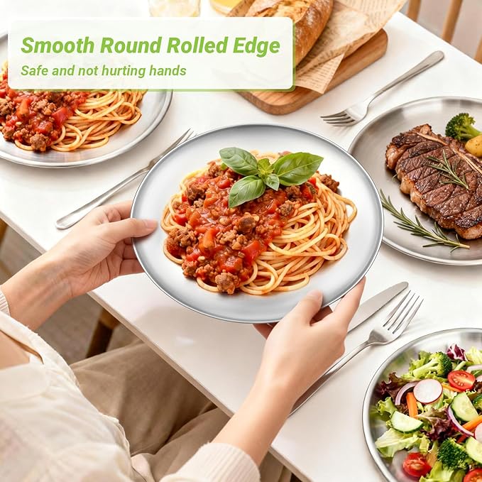 Metal Dinner Plate, 10 Pack 10.2 inch Large 201 Stainless Steel Plates, Reusable Lunch Salad Pizza Food Serving Snack Eating Dishes Round Brushed Finish Silver Sturdy Dish Oven Dishwasher Safe