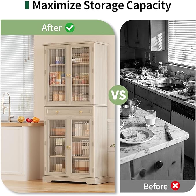 Kitchen Pantry Cabinet with Arcylic Doors and Adjustable Shelves - 72" Tall Storage Cabinet Freestanding Cupboard with Drawer, Food Pantry Cabinet, Wood Storage Cabinets for Dining Room, White
