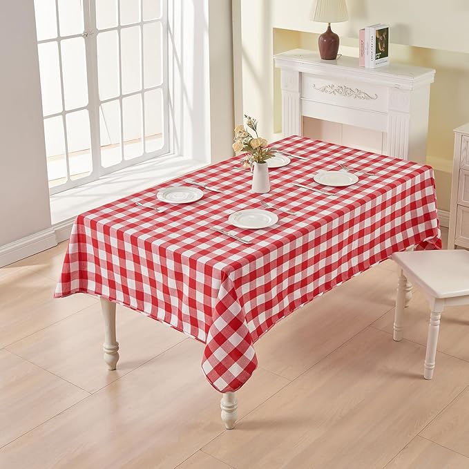BALCONY & FALCON Gingham Table Cloth Rectangle ??Reversible Water-Resistant Cotton Checkered Tablecloth for Outdoor Picnic, Camping, Kitchen, Holiday Party Decor (Red White, 55x71 Inch)