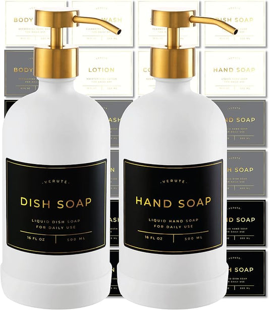 Hand and Dish Soap Dispenser for Kitchen and Bathroom, Set of 2 16 Oz Glass Bottles, Stainless Steel Pumps, Non-Slip Silicone Base, 27 Waterproof Labels (Matte White Bottle/Brushed Gold Pump)