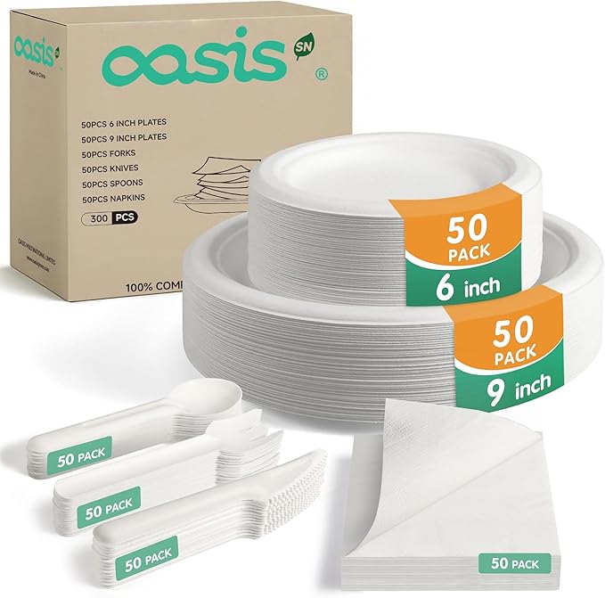 300PCS Disposable Paper Dinnerware Set for 50 Guests, Compostable 50 6??Dessert Plates, 50 9??Plates, 50 Spoons, 50 Forks, 50 Knives and 50 Napkins, Perfect for Gatherings, Parties (White)