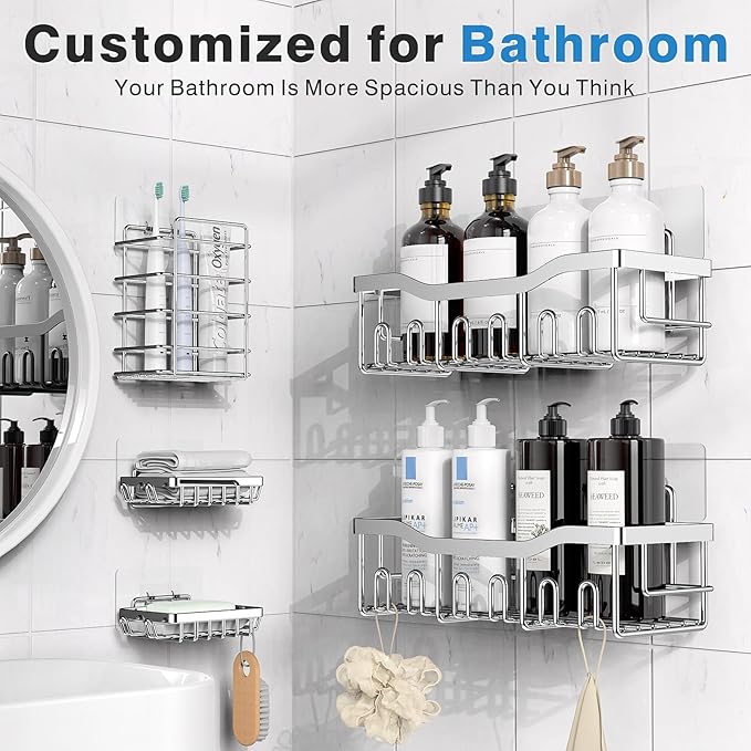 EUDELE 5-Pack Rustproof Stainless Steel Shower Caddy ??No Drill Adhesive Bathroom Organizer with Large Capacity, Spacious Shower Shelves for Inside Shower, Kitchen & Home Decor Storage-XL Size