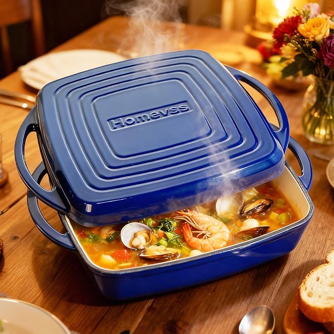 2-in-1 Square Enameled Cast Iron Dutch Oven 7QT Baking Pan and Gridle Lid with Dual Handles, Cast Iron Skillet lid, Coating Gridle for Baking, Braising and Grilling - Blue