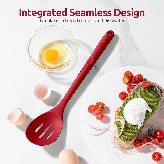 600쨘F Heat Resistant Slotted Spoon: U-Taste 13.3in Solid Kitchen Cooking Spoon, Nonstick Food Grade Large & Long Rubber Utensil for Mixing, Serving, Stirring, Basting, Frying, Draining (Red)