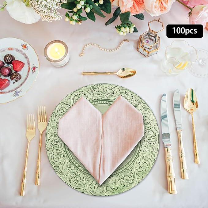 100pcs Green Charger Plates, 13" Round Reusable Decorative Flower Relief Carving Bulk Chargers for Dinner Plates, Wedding, Bridal Shower
