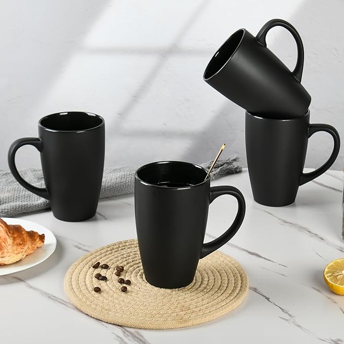 20oz Extra Large Ceramic Tall Coffee Mugs Set for Coffee Tea Hot Cocoa set of 4 Dishwasher & Microwave Safe (Matte black)
