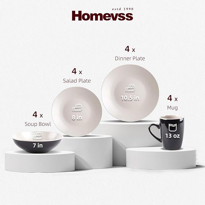 Stoneware Two-Tone Colors Life 16pc Dinner Set竊?Outside Shiny Black + Inside Matte Glaze Light Beige