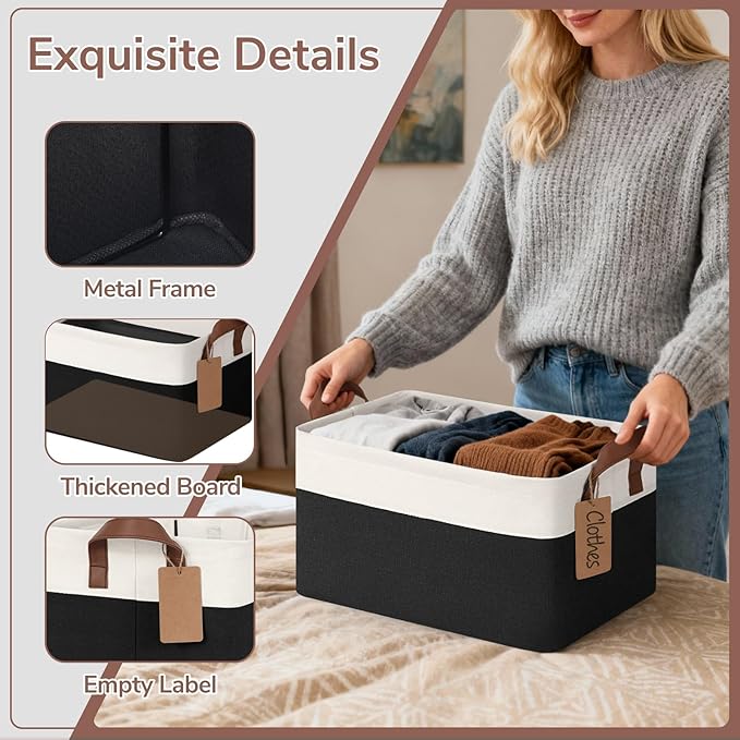 CHICVITA 4 Pack Storage Baskets for Shelves, Foldable Closet Baskets for Organizing, Fabric Storage Bins with Handles, Towel Organizer for Closet, 14.8" x 10.3" x 8.3", Black & White