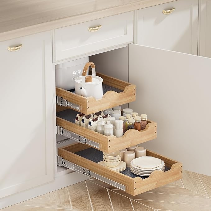 DINDON 3 Tier Pull Out Cabinet Organizer 11??W X21??D Slide Out Wood Drawer With Shelf Liner For Kitchen Pantry Organization