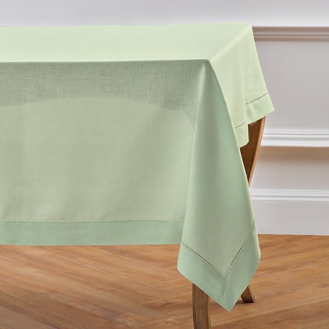 Solino Home Linen Tablecloth for Rectangle Tables 60 x 90 Inch - Classic Hemstitch 100% Pure Linen Light Green Table Cloth - Machine Washable Cloth Tablecloth for Spring, St Patricks Day, Easter