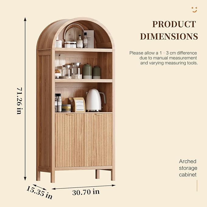 71" Tall Arched Kitchen Pantry,Modern Fluted Wood Storage Cabinet with Doors,Adjustable Shelves,Organizer, Versatile Cupboard for Kitchen,Living Room,Dining Room,Bathroom,Wood