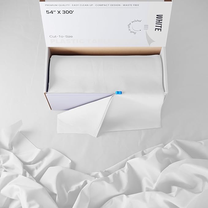 Party Solids 54 Inch X 300 Feet White Plastic Table Cover Roll in A Cut - to - Size Box with Convenient Slide Cutter. Cuts Up to 36 Rectangle 8 Feet Plastic Disposable Tablecloths