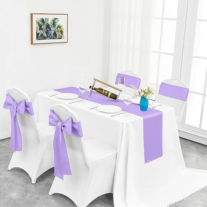 4-Pack Lavender Satin Table Runner 12 x 108 Inch Long Bright and Smooth Silk Fabric Table Runner for Wedding Banquet Birthday Party Decoration