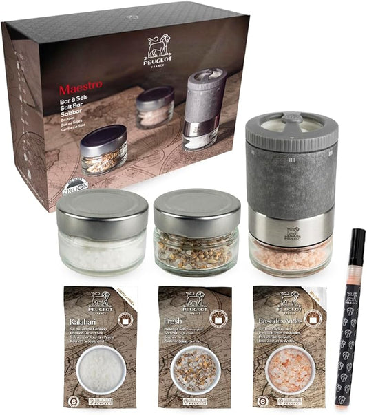 PEUGEOT?밠aestro Salt Bar ??10cm Salt Mill with U?셎elect Adjustment ??3 Premium Salts, 3 Empty Interchangeable Glass Jars, White Marker - Made in France ??PEFC-Certified Wood/Stainless-Lt. Graphite