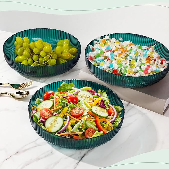 10 Pack 10 Inch Large Plastic Serving Bowls Salad Mixing Bowl Vertical Ribbed Pattern Buffet Party Serving Bowls for Vegetable Fruit Salad Candy Chip Popcorn Snack(Peacock Blue)