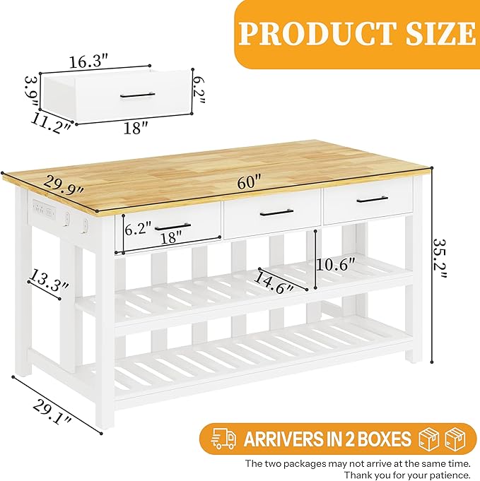 60" Solid Rubberwood Kitchen Island with Power Outlets - Extra Large Work Surface, 3 Drawers & 2 Open Shelves Storage Cabinet for Kitchen Dining Room, Farmhouse Style (White)