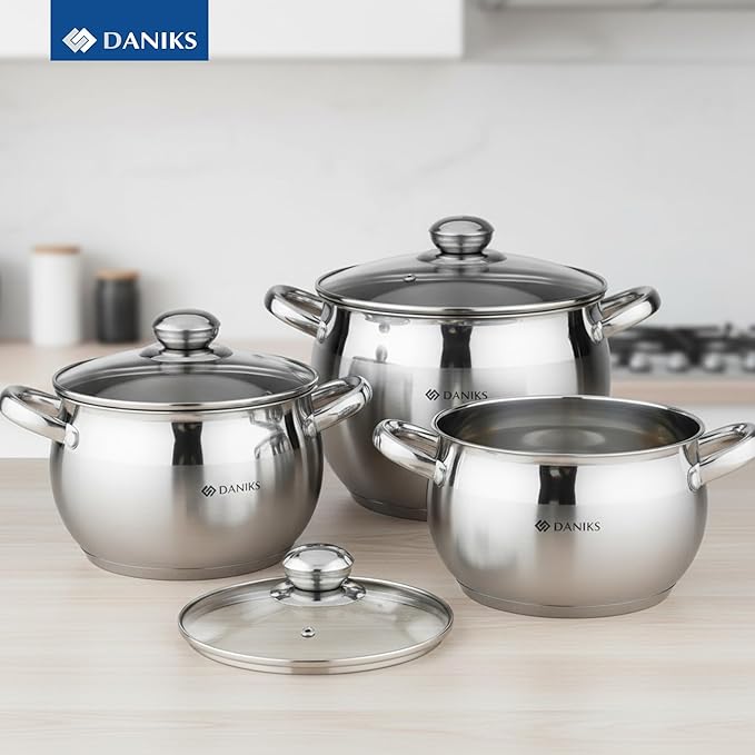 Daniks Classic 3 Quart Stainless Steel Stock Pot with Glass Lid, Tri-Ply Bottom for Even Heating, Induction Compatible, Dishwasher Safe