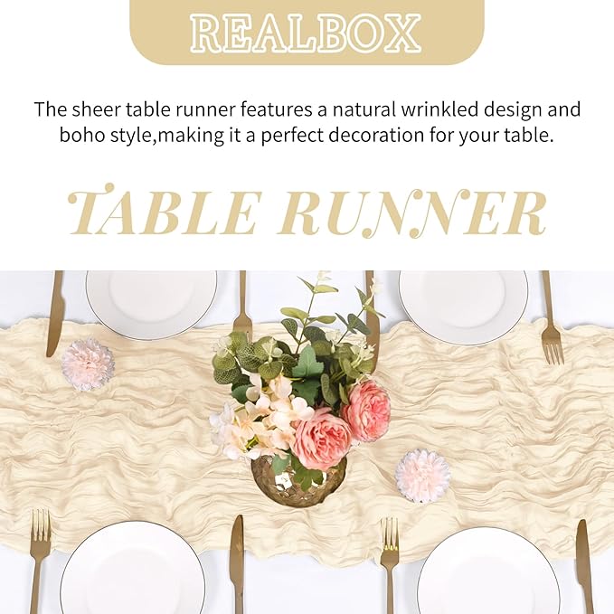 RealBox 3 Pack Ivory Cheesecloth Table Runner 17x108 Inch Semi Sheer Boho Gauze Cheese Cloth Fabric Table Runners Table Decor for Wedding Party Baby Shower Birthday Home Decor Garden Farmhouse