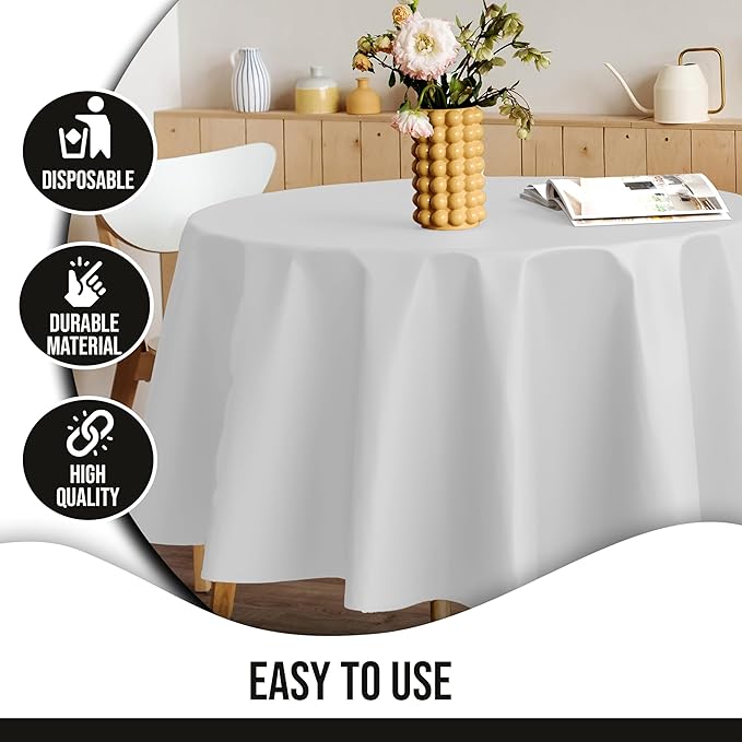 Party Solids 12-Pack White Round Plastic Tablecloth Disposable ??Size: 70 Inches ??Round Plastic Table Cloths for Parties, Picnics & Formal Events