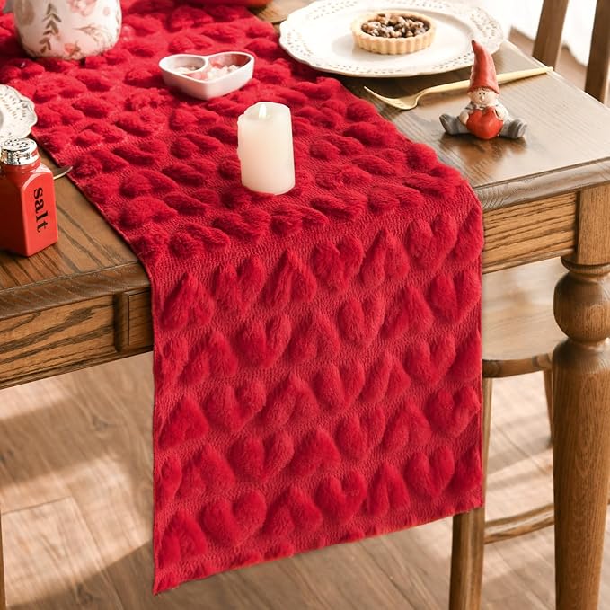 Artoid Mode Red Soft Plush Faux Fur Jacquard Heart Valentine's Day Table Runner, Seasonal Kitchen Dining Table Decoration for Home Party Decor 13x48 Inch